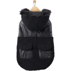 Frisco Medium Weight Faux Leather Dog & Cat Parka With Faux Fur Trimmed Hood, Black -Frisco 719798 PT3. AC SS1800 V1692978853
